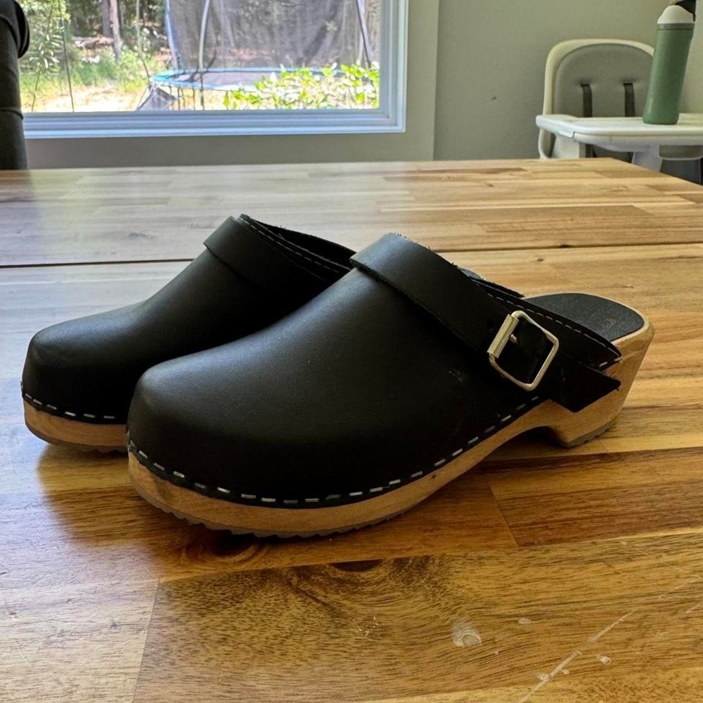 MIA Black leather clogs with wooden sole and buckle detail #clogs #wooden Women
